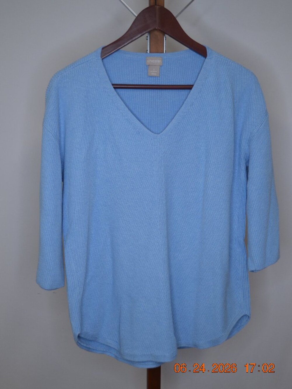 Chico’s Women’s Size 3 (US XL) Baby Blue V-Neck Cotton Sweater